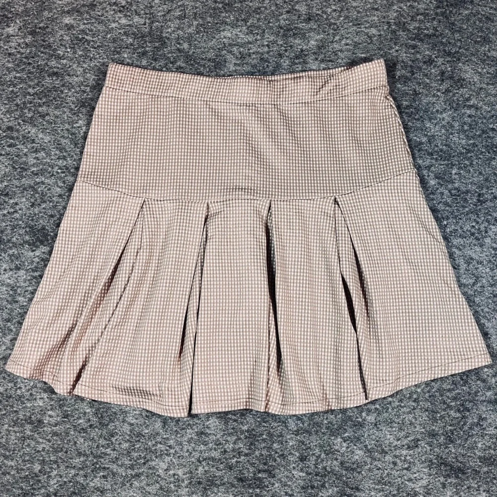Urban Romantics Pleated Mini Skirt Womens L Tan Gingham Drop Waist Preppy Skater - Picture 5 of 9